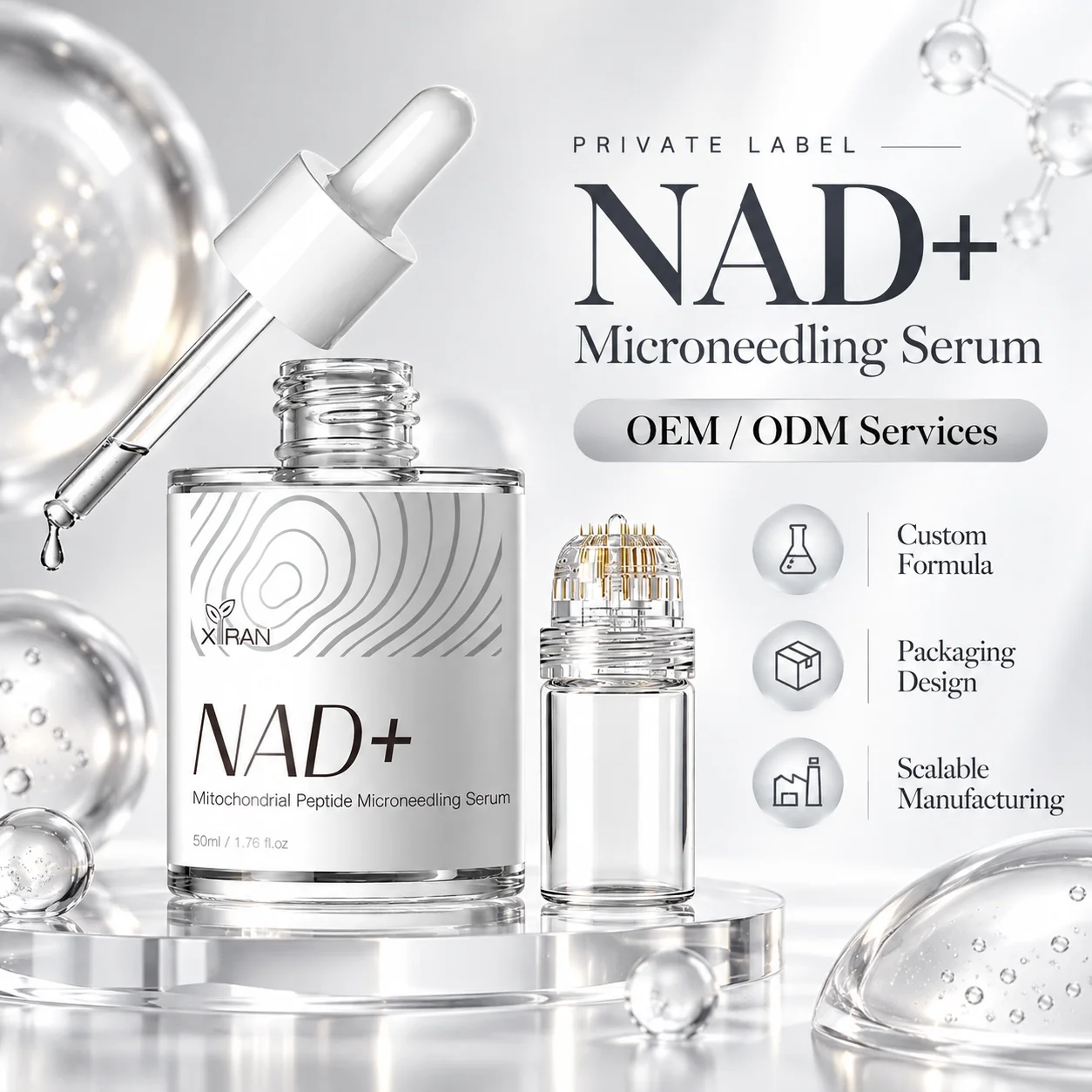 NAD+ microneedling serum bottle with dropper and smaller vial, offering OEM/ODM services and featuring custom formula, packaging design, and scalable manufacturing.